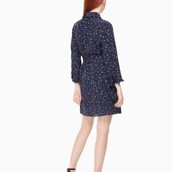 Kate Spade Womens Silk Navy Blue Star 3/4 Sleeve Ruffle Mini Dress Sz XS - Picture 2 of 11